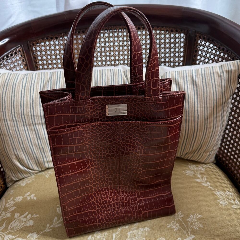 Tommy Hilfiger Vintage Y2K Satchel Purse Tote Embossed Croc Print Brown